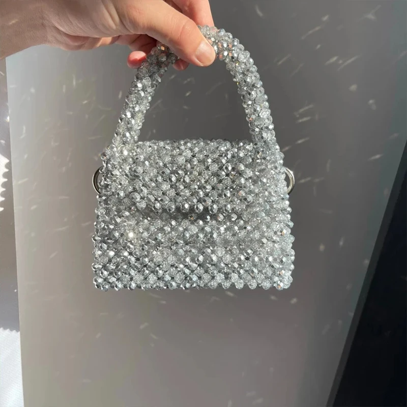 Bolso de mano con asa superior para mujer, bolsa de mano con cuentas de cristal, Media plata, blanco brillante, bolso de mensajero, regalo de