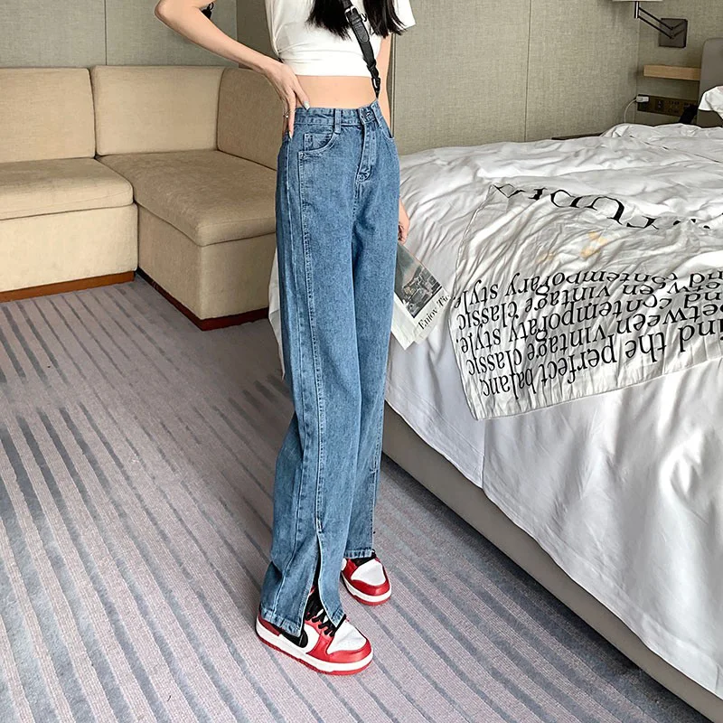 

High Waist Slit Denim Pants Women's Spring Autumn plus Size Loose Slimming Design Straight Leg Wide Leg Pants