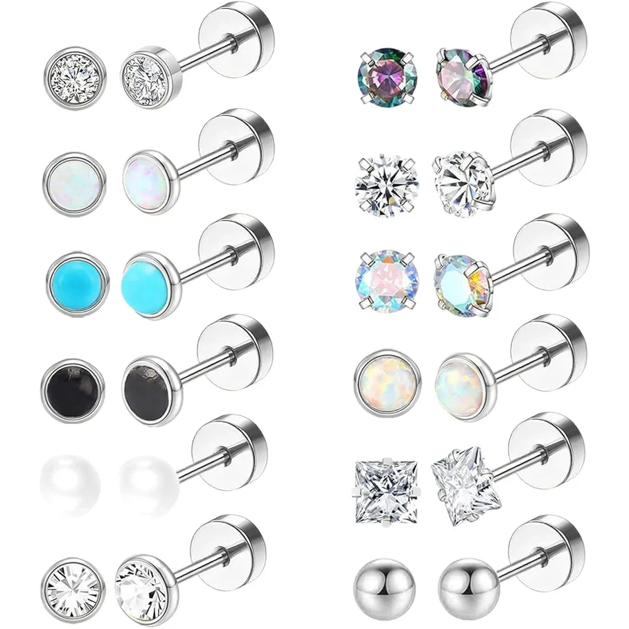 12Pairs Mixed Screw Flat Back Stud Earrings Set 316 Stainless Steel Silver Multi Stone Cartilage Piercing Jewelry Wholesale
