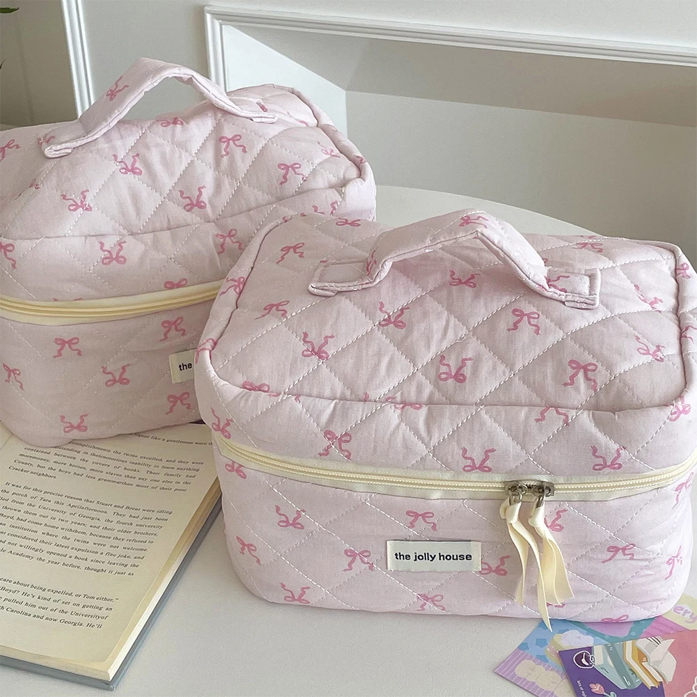 Borsa per il trucco in cotone trapuntato donna Bow Flower Storage Organizer custodia per cosmetici gonfia borsa per cosmetici da viaggio grande