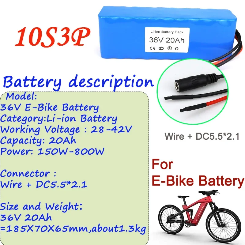 2024 Best Seller 36V Ebike Battery Pack 20Ah Wire + DC5.5*2.1 Connector And BMS