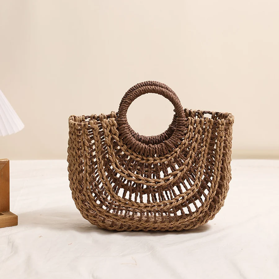 

Summer hollowed-out semi-circular straw woven bag new round handle color-blocking handbags women's beach vacation rattan totes