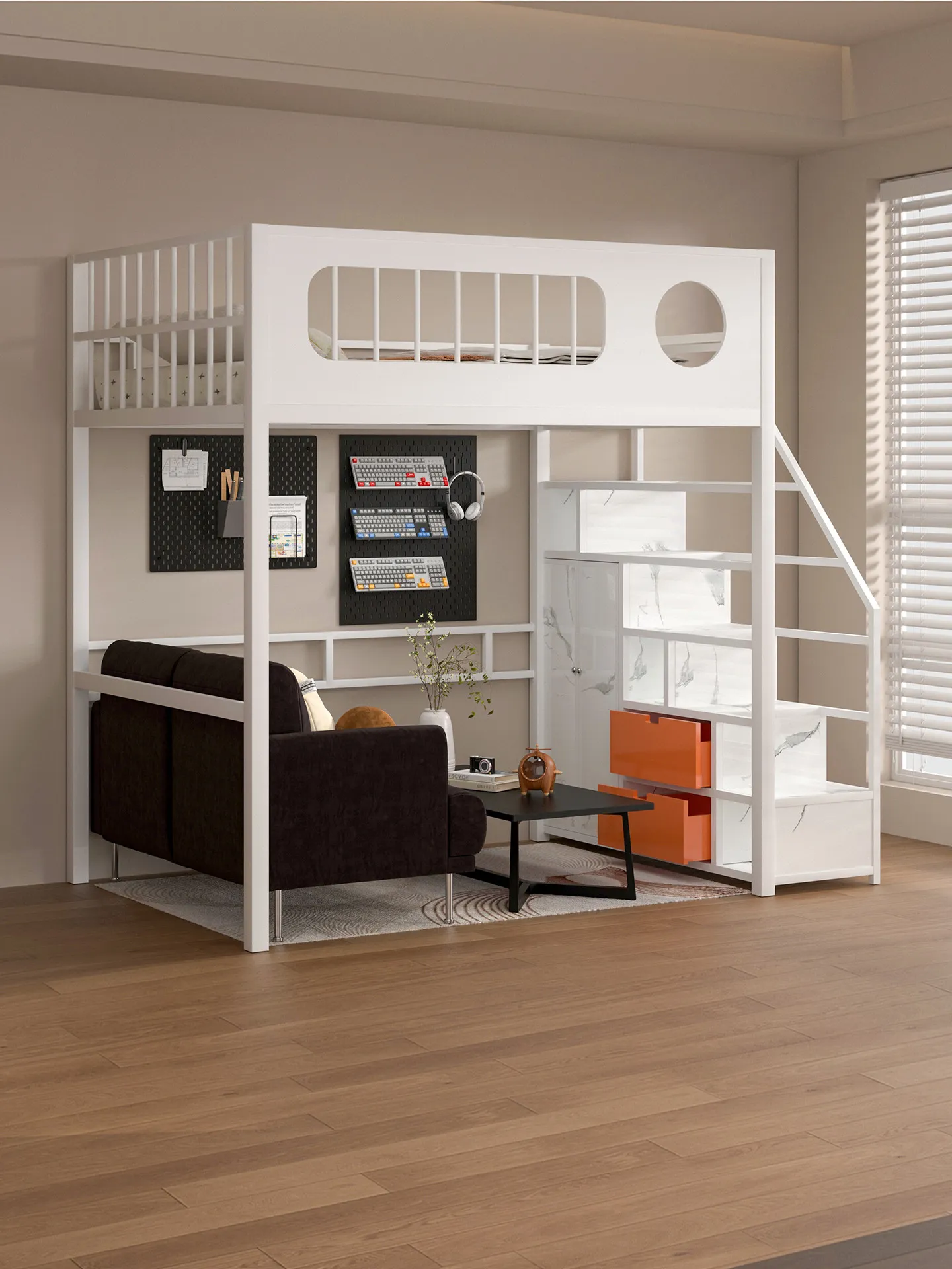 

Кованая кровать-чердак для взрослых, односпальная, двухъярусная, экономия пространства, с высокой и низкой лестницей-стремянкой