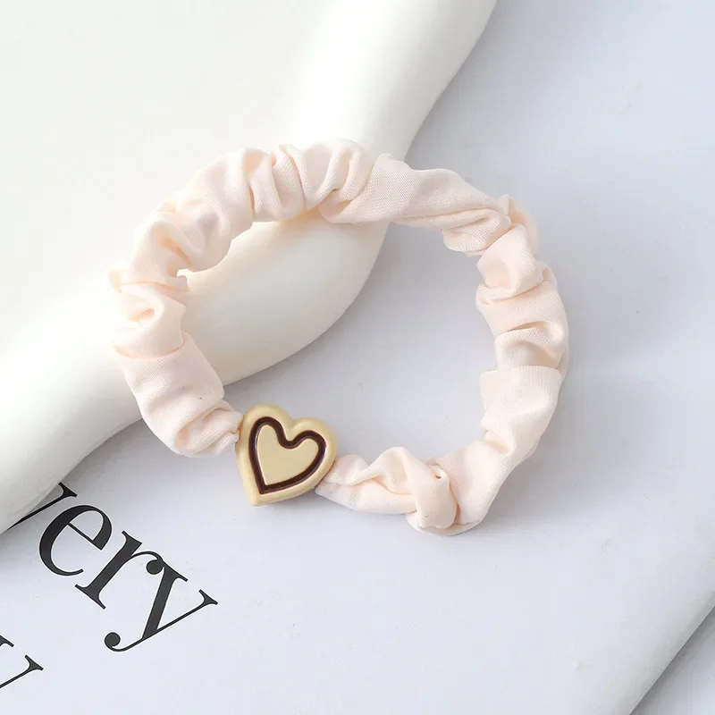 1pc Color Heart Charms Scrunchies Women Girls Large Intestine Hair Ropes  Black White Ring Elastic Ponytail Holders Rubber Band