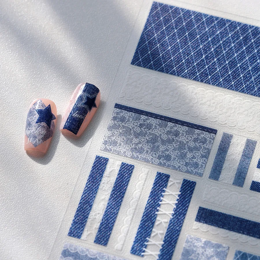 Blue Denim Fabric White Floral Lace Striped Pattern 3D Self Adhesive Nail Art Stickers Jeans Cowboy Manicure Decals Wholesale