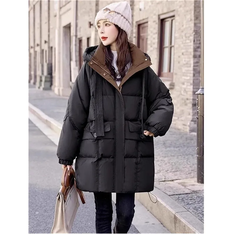 

Зимние парки, женская пуховая хлопковая куртка с капюшоном, женская 2026, новое модное женское свободное толстое теплое стеганое пальто средней длины T1624