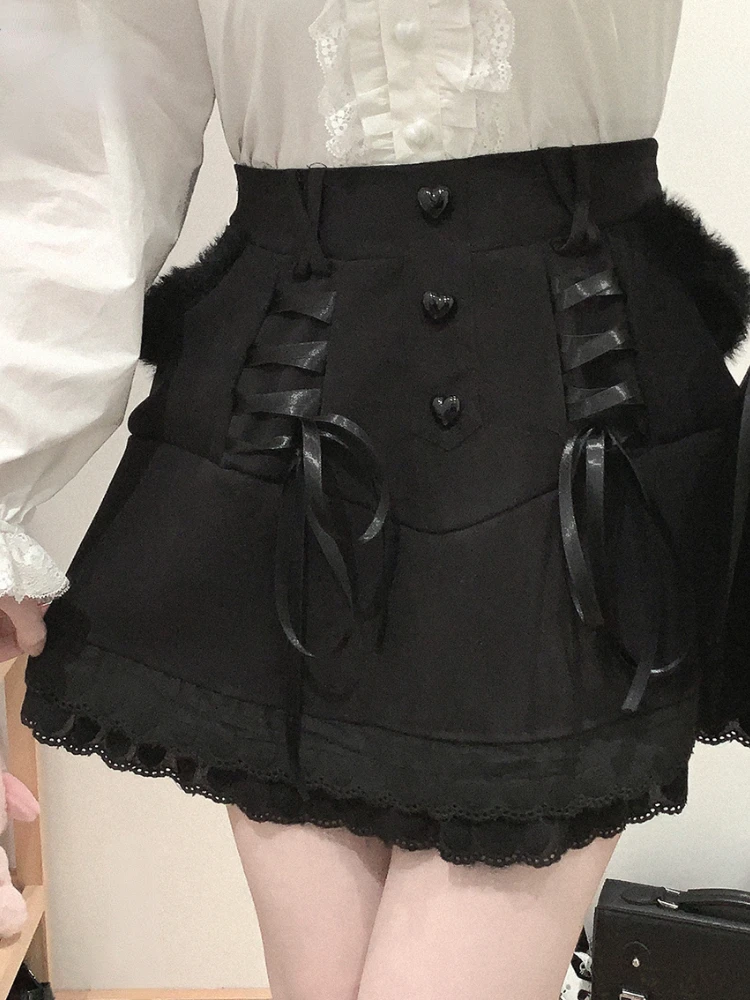 Japanese Kawaii Lolita Mini Skirt Women Winter Gothic Heart Button Cake Skirts Girls High Waist Bandage Y2K Black Short Skirts