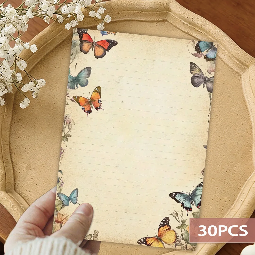 30 Sheets, Vintage Butterfly Pattern Themed Writing Paper, Lined, Glue-free, Perfect For Notebooks, Memos, And Stickers
