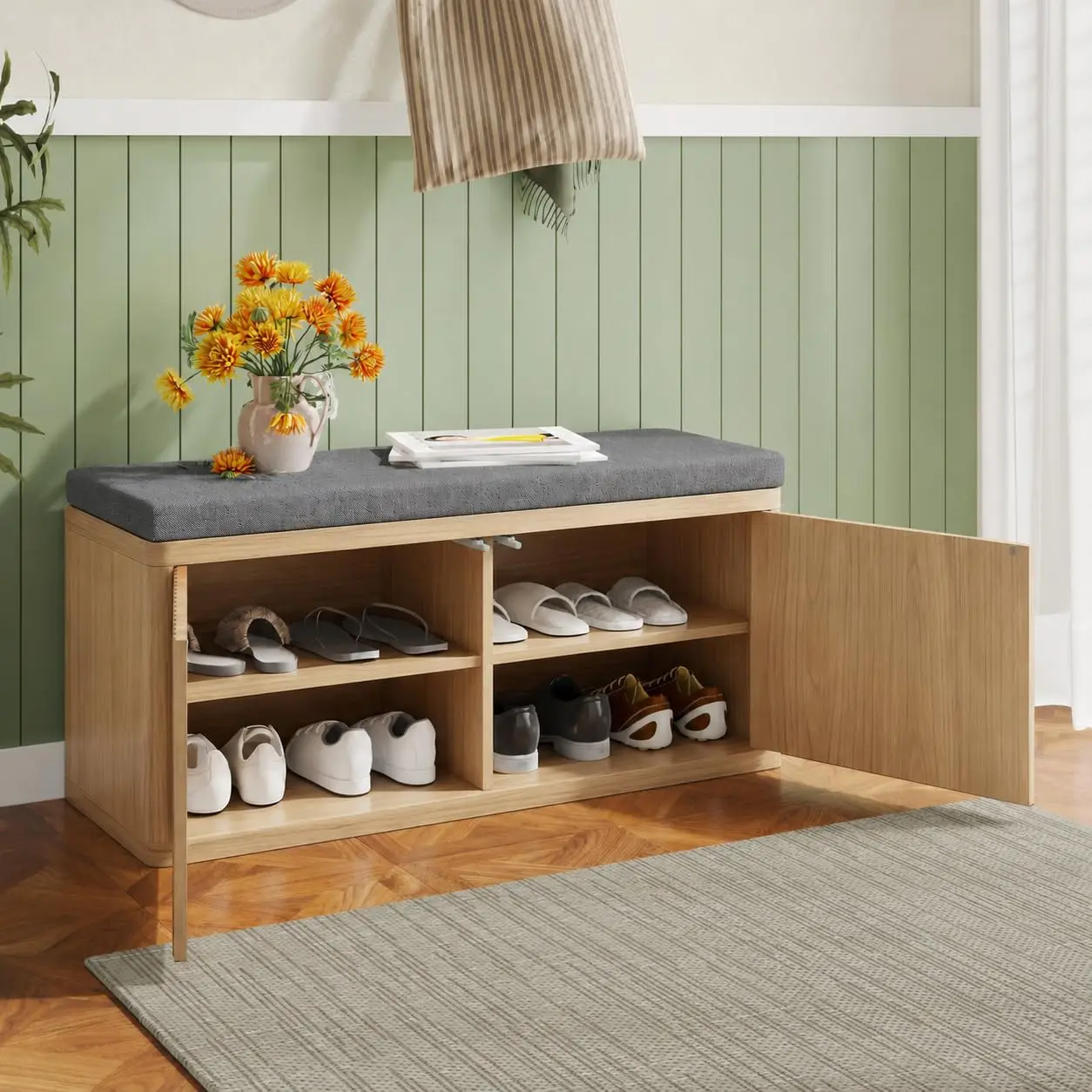 Shoe Storage Bench with Cushion & Push-Open Doors, 37.4