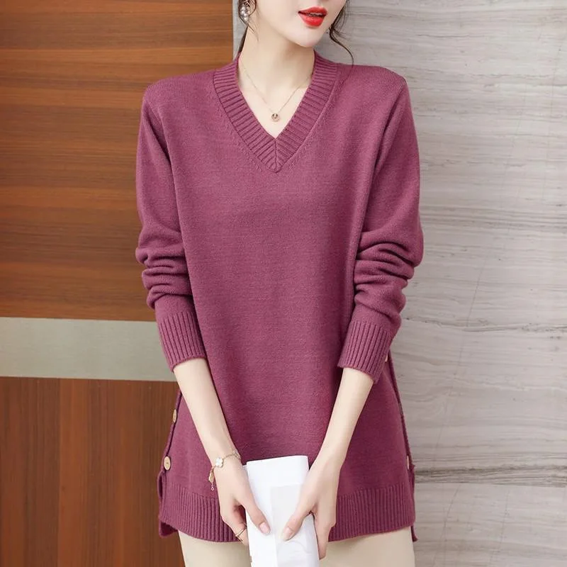 Plus Size Sweater Loose Long Sleeved Knit Medium To Long Irregular Solid Color V-neck Top Autumn Winter Daily Simple Clothing