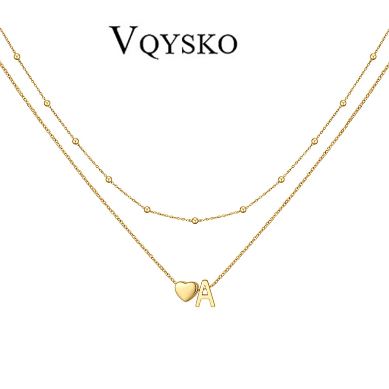 

VQYSKO Gold Color Letter Fashionable Heart-shaped Double Layer Necklace 26 NamePendant Girls Clavicle Chain Jewelry Gifts