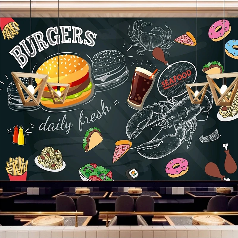 

Custom 3D Photo Hand Painting Fast Food Hamburger Seafood Mural Waterproof Wallpaper for Restaurant Shop Background Wall Poster