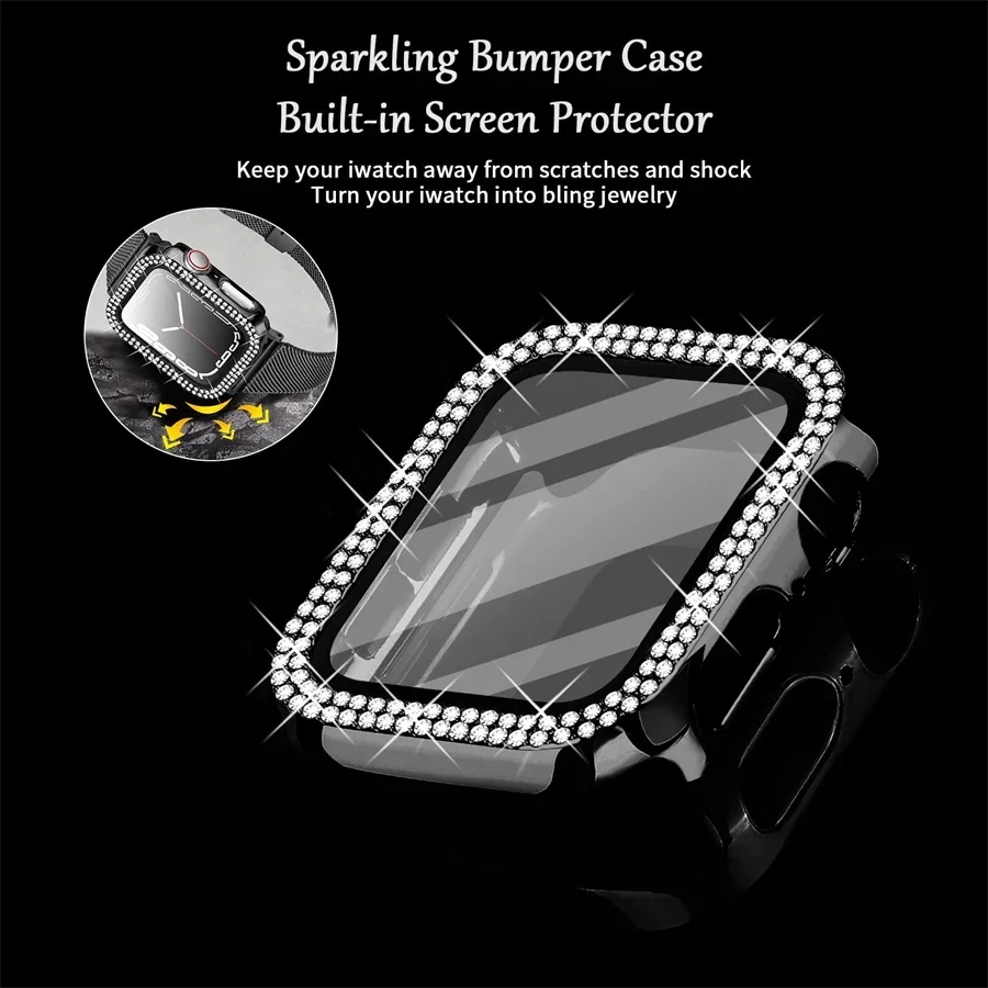 Diamond Cover For Apple watch Case 45mm 41mm 38mm 42mm 44mm 40mm Tempered Glass+Bumper Screen Protector series 9 8 7 6 5 4 3 SE