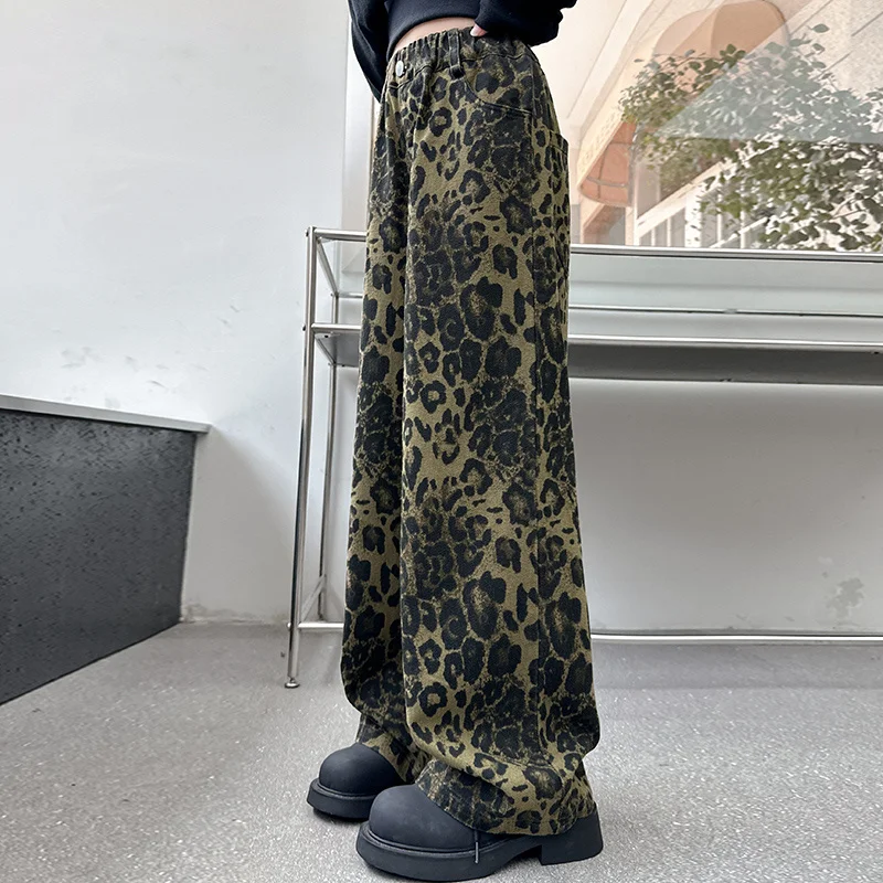 Trendy Children Leopard Print Jeans For Girl Cool Streetwear Kids Fashion Leopard Pants Are Wide Leg Denim Street Trousers 5-14T