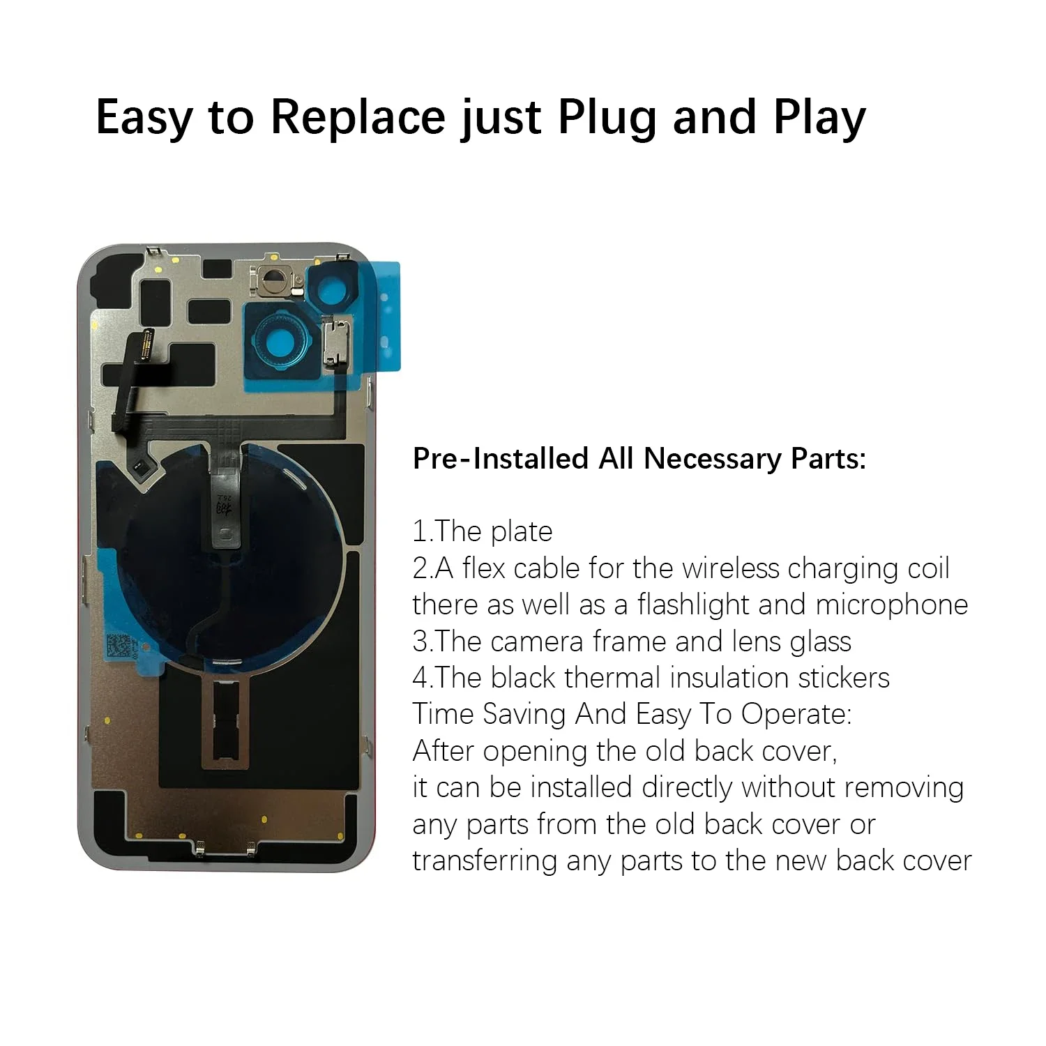 بديل الزجاج الخلفي لهاتف IPhone 15 Plus (6.7 بوصة) - شحن لاسلكي فليكس، إطار كاميرا، جميع الأجزاء وشريط لاصق مقاوم للماء #5