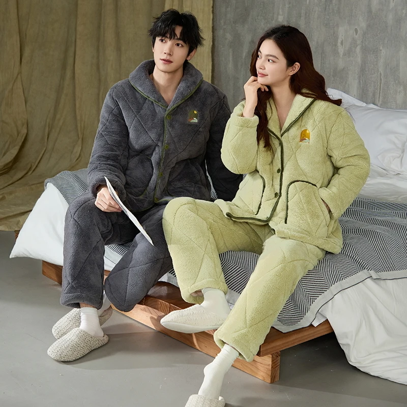 Thick Warm Winter Couple Pajamas Set 3 Layer Clip Cotton Pyjamas Casual Soft M-3XL Lovers Knitted Cotton Homewear Clothing
