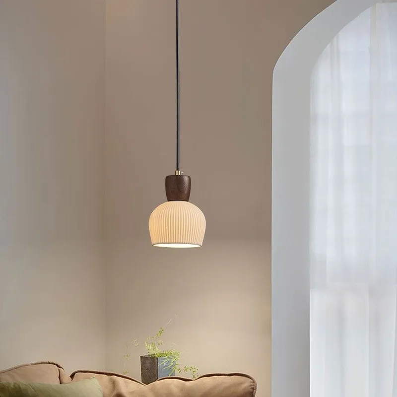 Minimalist Hanging Pendant Light Wood And Ceramic Shade Vertical Striped Indoor Ceiling Lamp Kitchen Island Bedroom