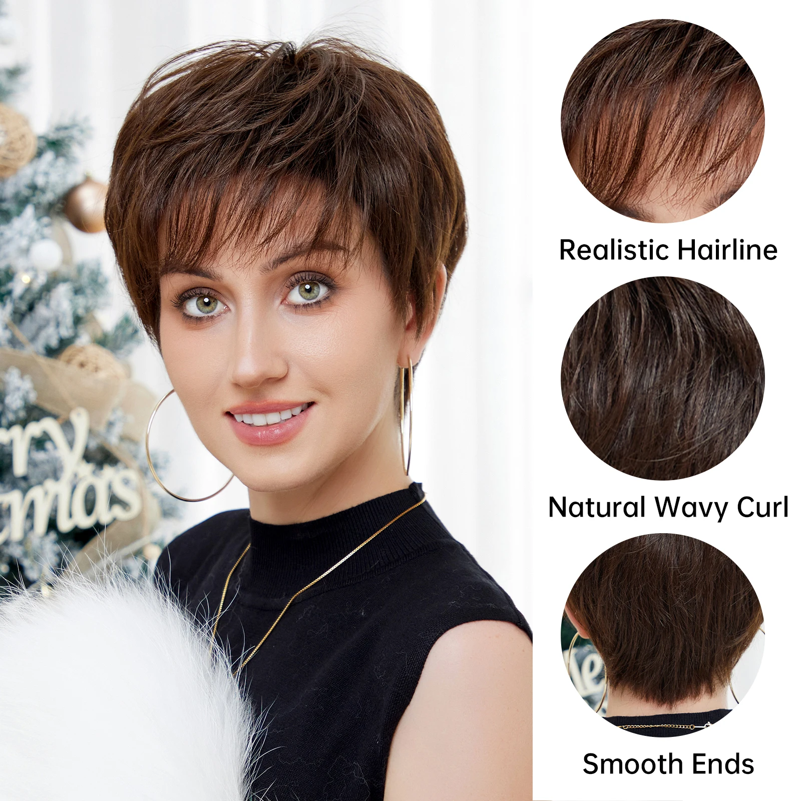 Pelucas de cabello humano con corte Pixie corto para mujer, mezcla de cabello sintético con flequillo, marrón oscuro, Bob en capas naturales