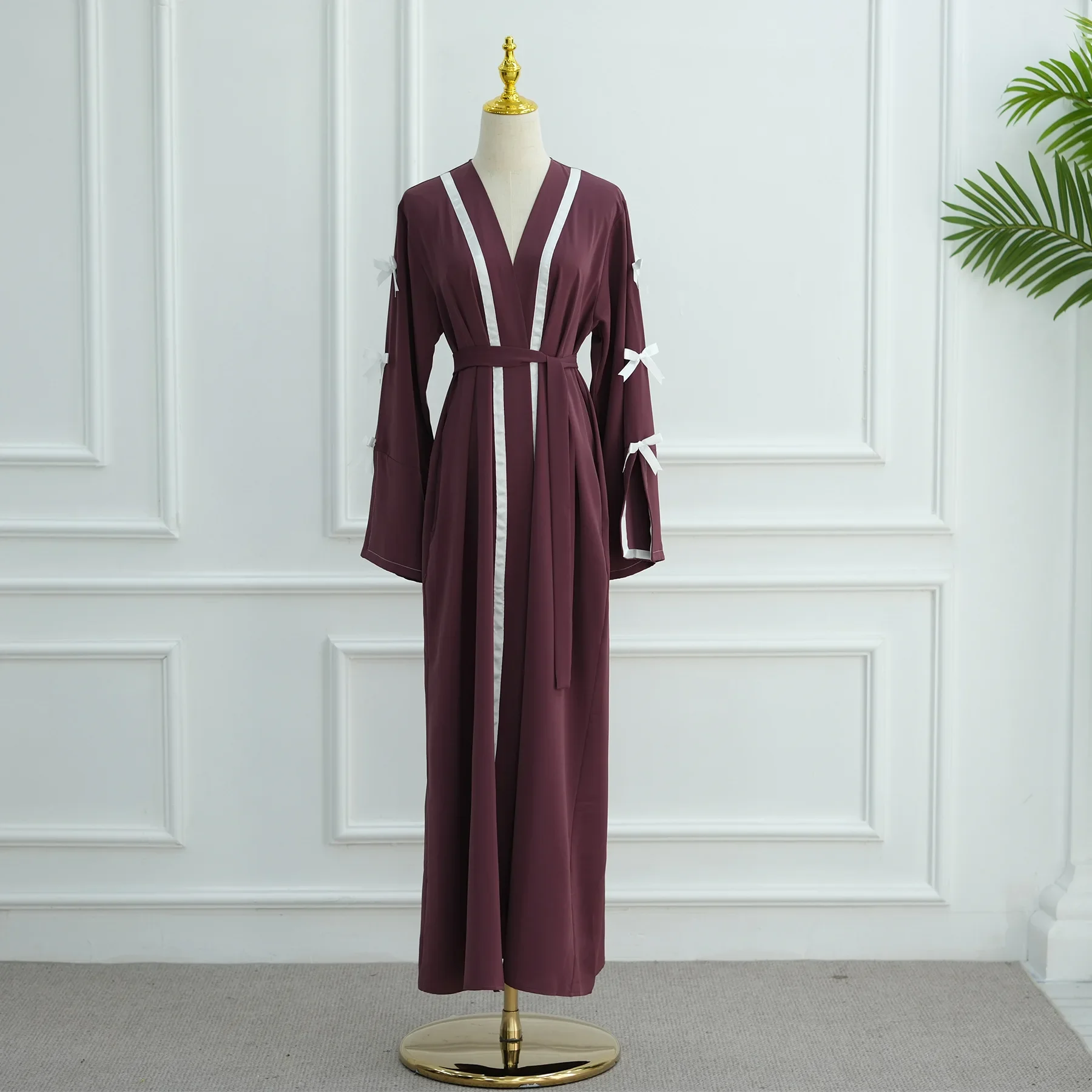 

Открытая абайя с бантом на рукавах, кимоно, исламская одежда, женское мусульманское платье, марокканский кафтан, исламская дубайская арабская длинная роба, Турция