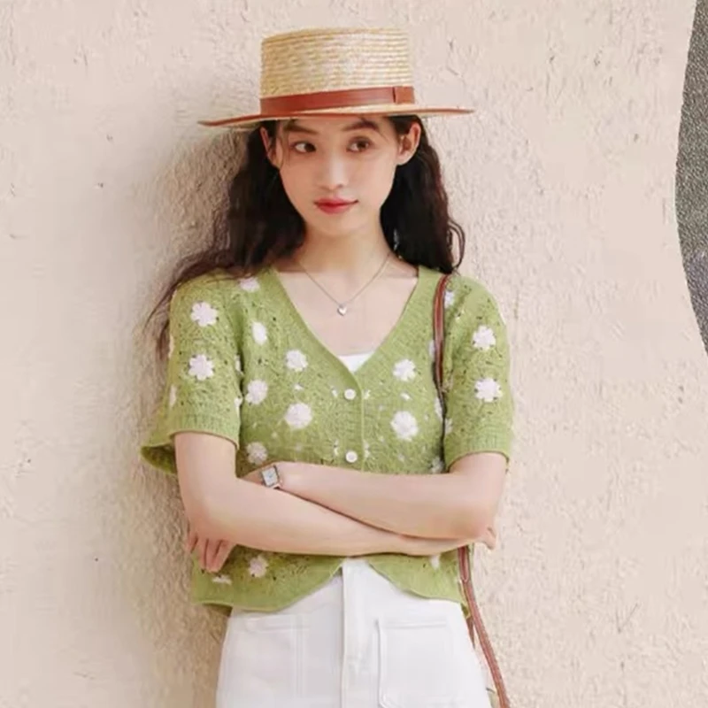 

Women Summer Knit Crochet Shirt V-Neck Hollow-Out Short Sleeve Button Up Tops Tees-Shirt Sweet Short Tops Cardigan 066C