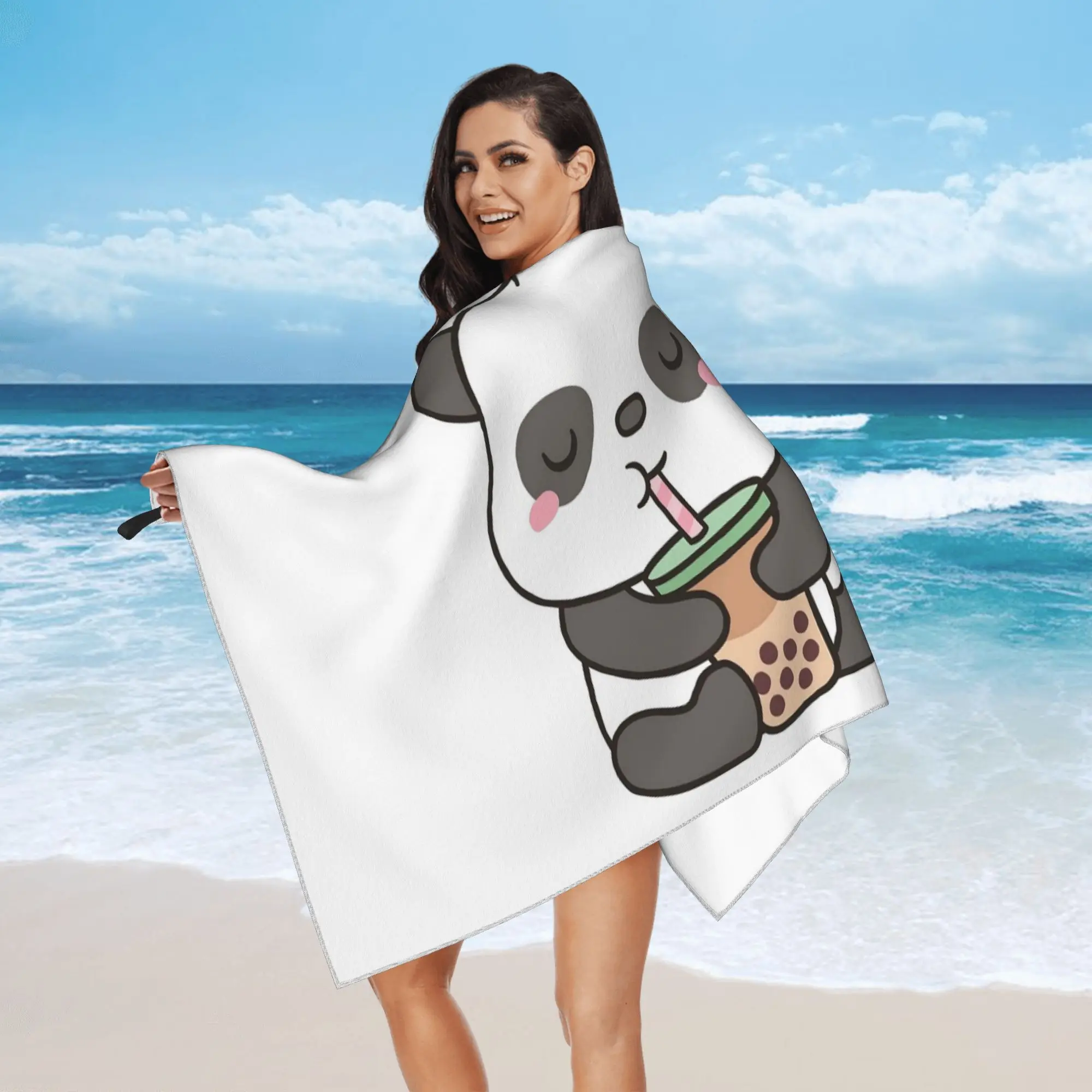 Cute Little Panda Enjoying Boba T Beach Towel Soft Microfiber Quick Dry Absorbent Quick Towels For Yoga