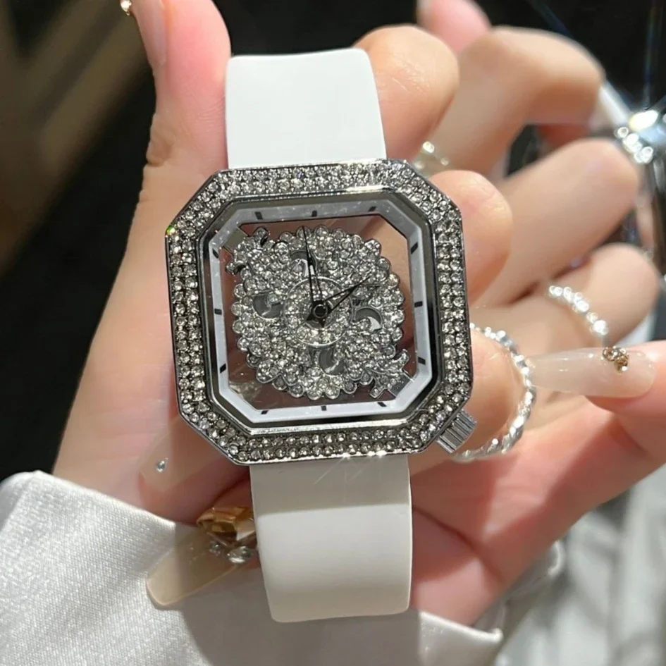 Full Diamond Unique Quare Rotatable Dial Design Bracelet Gold Watch Women Quartz Luxury Watches Ladies Clock AAA Watch Reloj