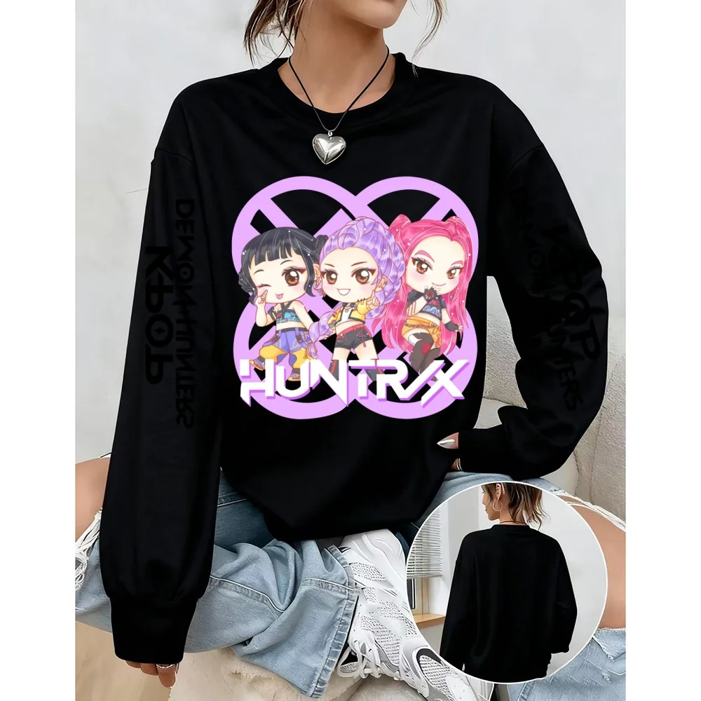 プラスサイズ カジュアル スウェットシャツ レディース K-pop デーモンハンターズ プリント 長袖 ラウンドネック プルオーバー