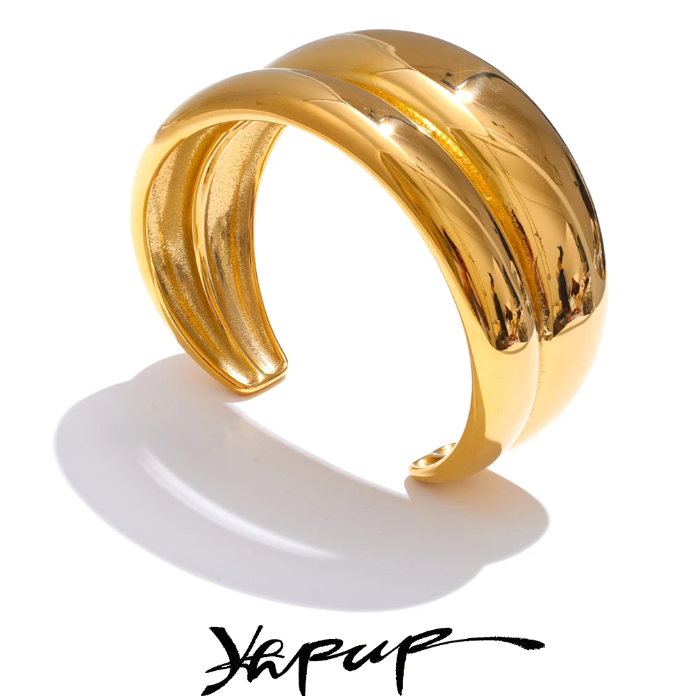 Yhpup 18K Golden PVD Plated Stainless Steel Double Layer Cuff Statement Bracelet Bangle Smooth Metal Texture Attractive Jewelry