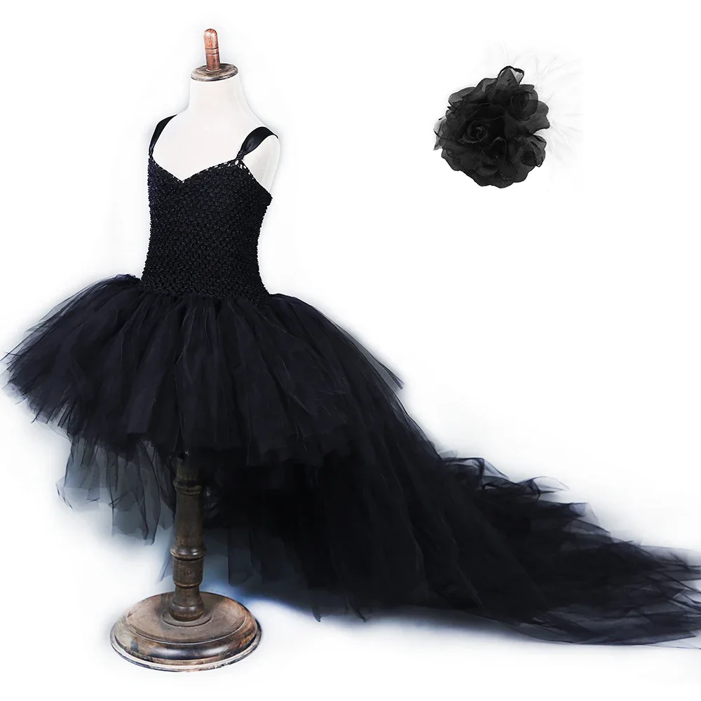 Girls Black Tutu Dress with Long Train Girls Tulle Dress Ball Gown Kids Halloween Costumes Girl Evening Pageant Party Dresses