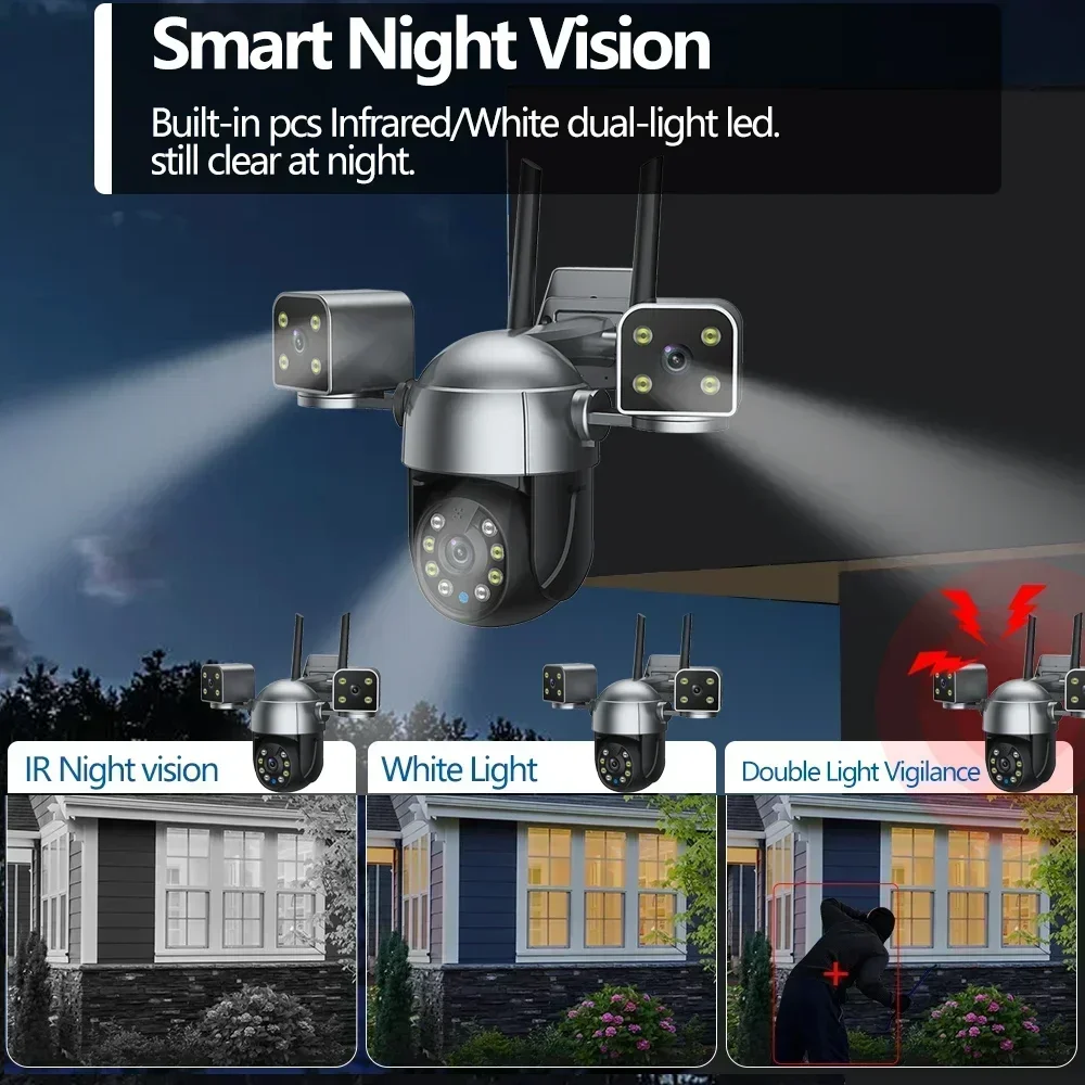 12MP 6K WiFi Camera Outdoor Three Lens Three Screens 8X Zoom PTZ Camera Auto Tracking Security Protection Video Surveillance Cam