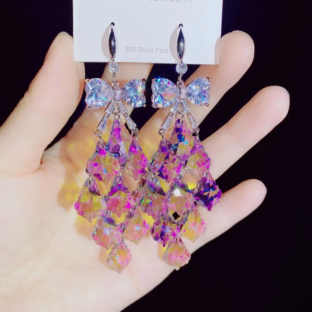 2024 New Colorful Purple Crystal Dangle Drop Earrings for Women Bohomia Trend Korea Fashion Luxury Wedding Party Banquet Jewelry