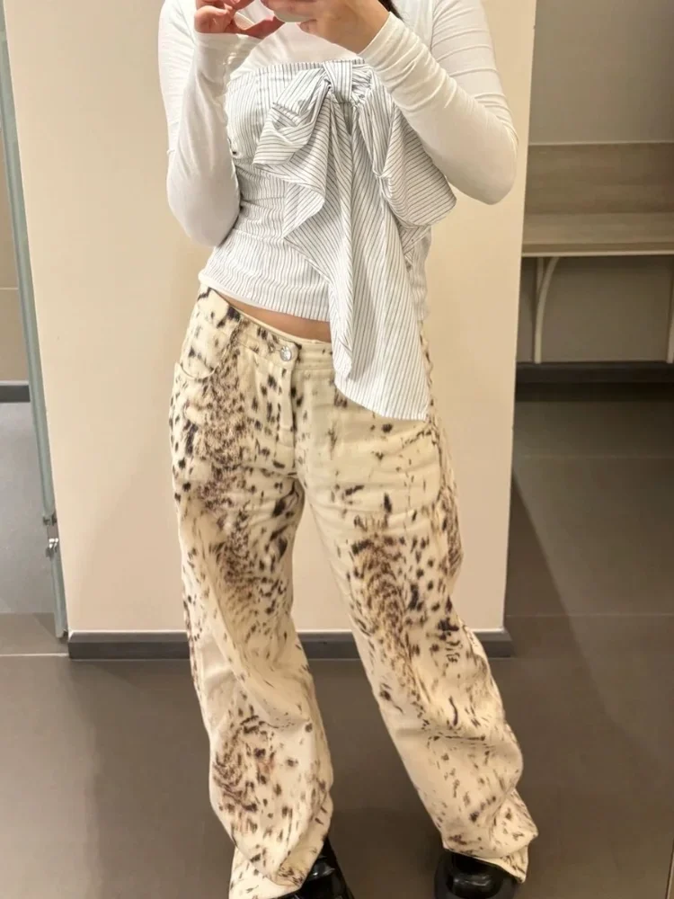 ADAgirl Vintage Leopard Jeans Women Y2k Hip Hop Causal Oversized Korean High Waist Denim Pants 90s Streetwear Wide Leg Trousers