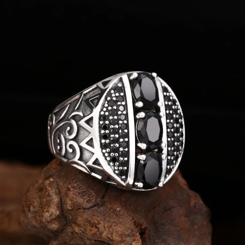 S925 Sterling Silver Charms Rings for Men Women Retro Eternal Rattan Inlaid Tangent Plane Zircon Fashion Jewelry Wholesale ﻿