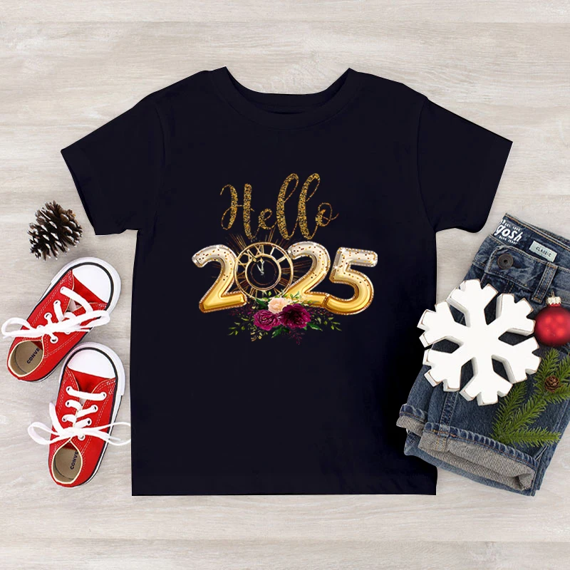 Happy New Year Print Kids T-shirts Summer Boys Girls Short Sleeve Hello 2025 Clock Pattern Tops New Year Christmas Gift Tshirts