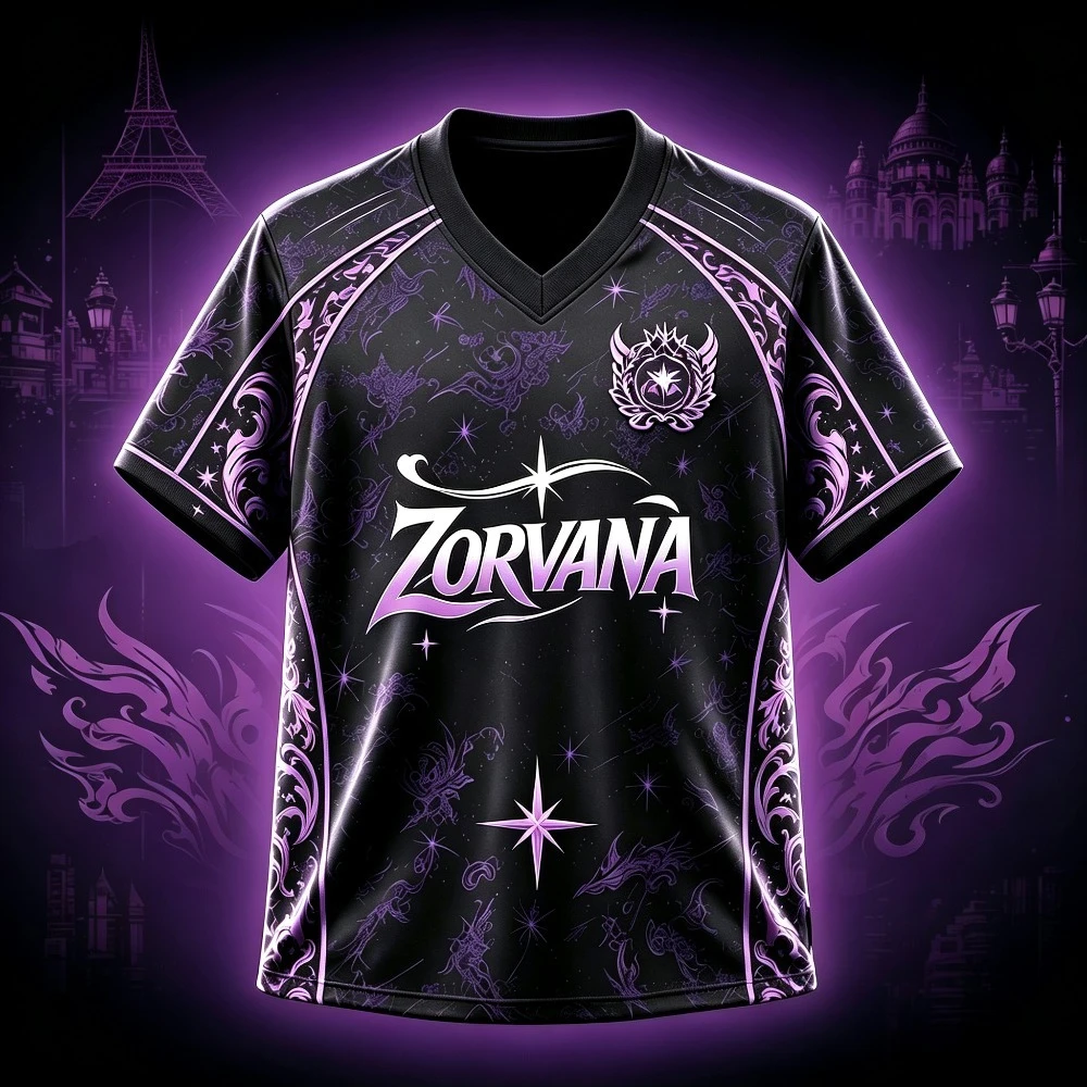 Purple Star Flame Ornate Swirl Print Men Black V Neck Lightweight E-Sports Casual T-Shirt