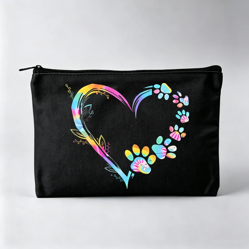 Women's Heart and Paw Print Makeup Bag, Colorful Abstract Design Cosmetic Pouch for Daily Use