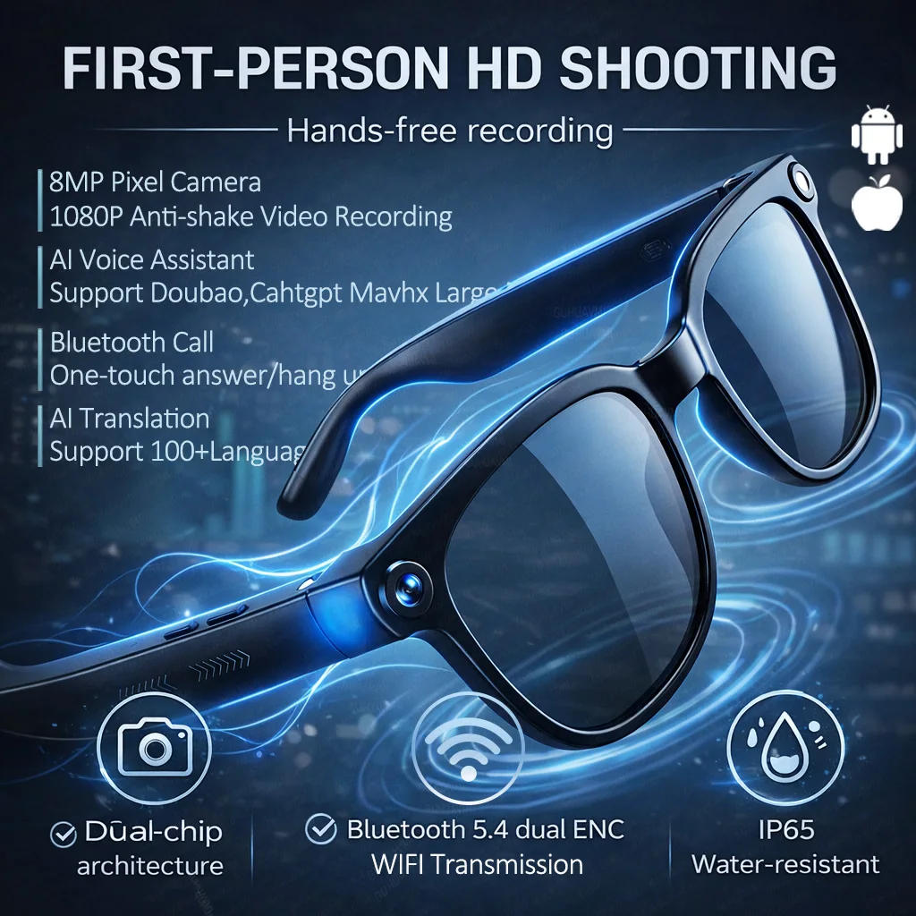 

2026 New Smart AI Glasses with 8MP HD Camera 1080P Video Recording ChatGPT Integration Bluetooth Eyewear Business Travel Glasses