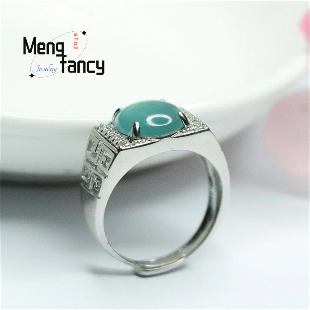 S925 Silver Lnlaid Icy Jadeite Blue Water Egg Surface Saddle Open Ring Exquisite Elegant Charm High-grade Luxury Quality Jewelry