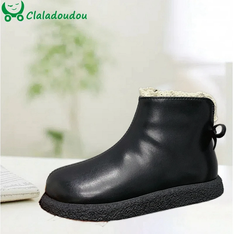 Brand Kids Girls Fashion Boots With Thin Velvet Solid Beige Black Side Zip Ankle Boots Children Woman Cute Ruffles School Shoes