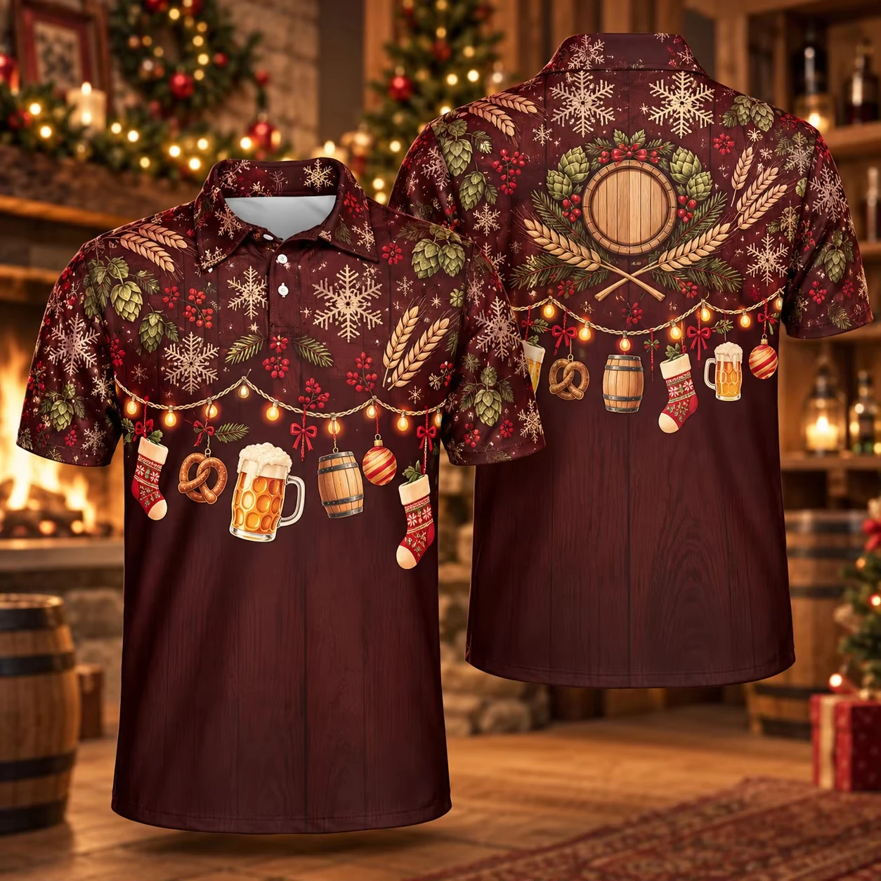 2026 New Men's Christmas Polo Shirt Short-Sleeve Funny Holiday Golf Shirt With 3D Full-Body Print Of A Brewery Barrel