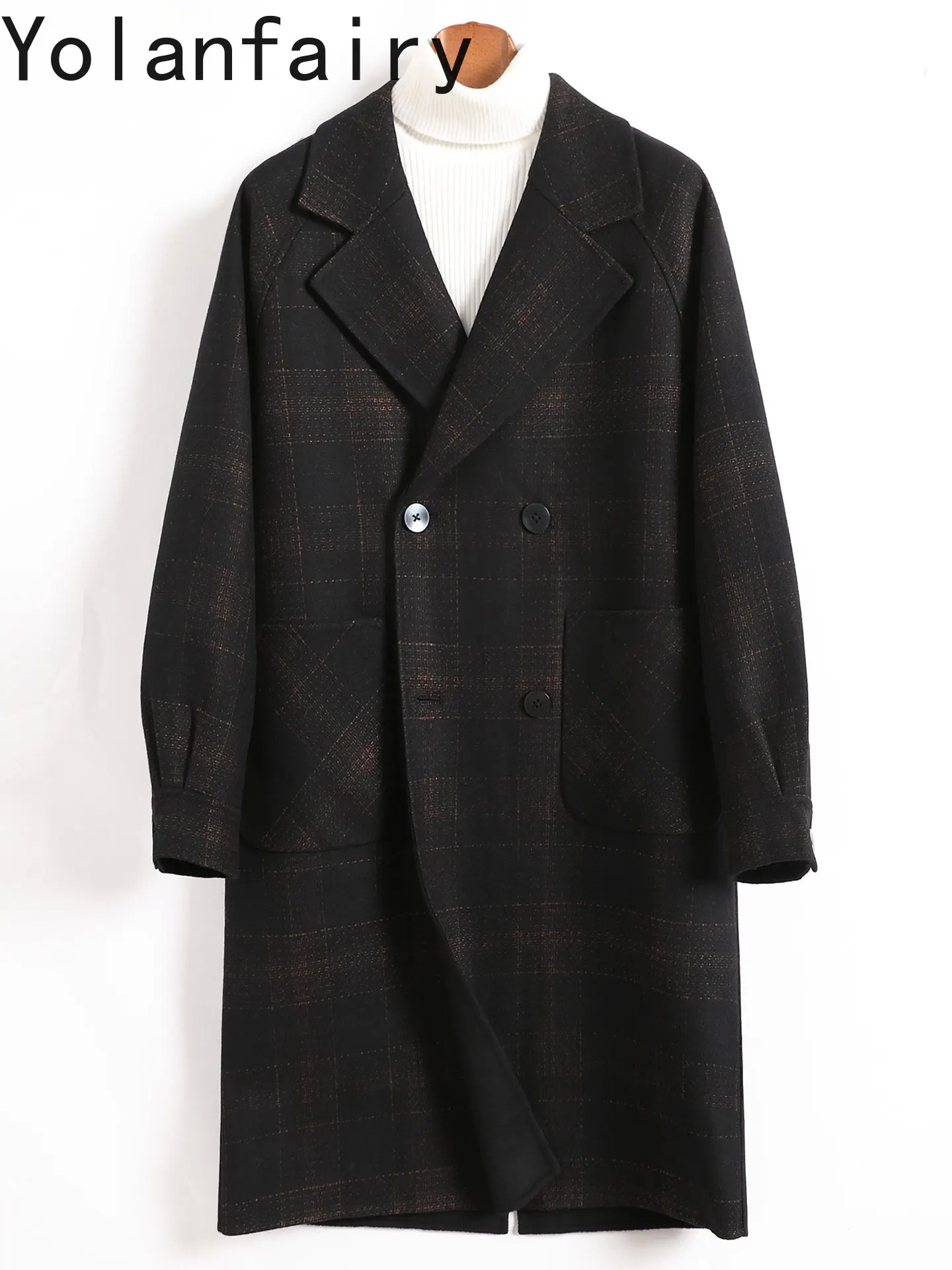 YOLANFAIRY High Quality Double‑Faced 70% Wool Coat Men 2026 New Autumn Winter Loose Fit Plaid Mid‑Length Trendy Woolen Overcoat