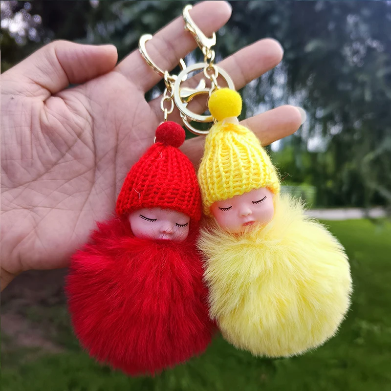 50Pcs Doll Pom Pom Keychain Cute Fluffy Sleeping Baby Doll Keychain Pompom Car Keyring Wallet Bag Phone Pendant Bag Charm