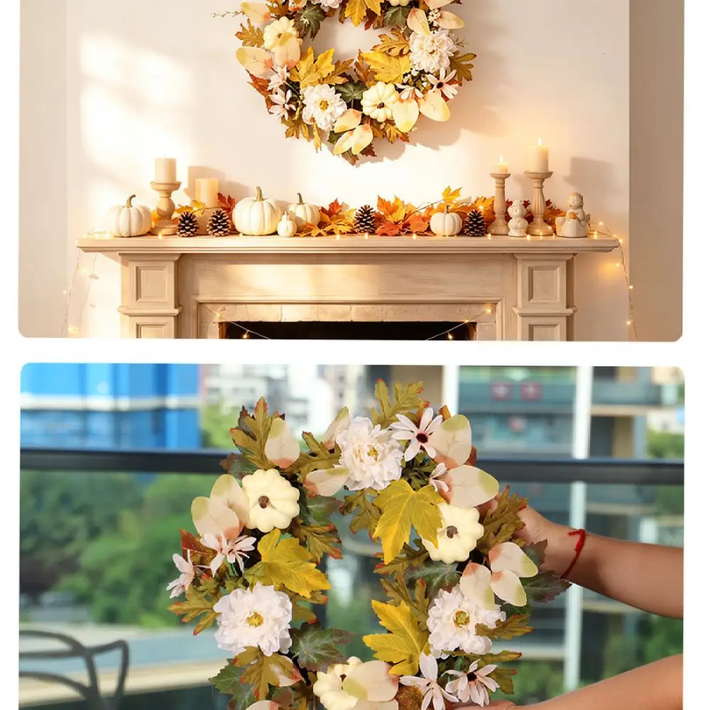 Stylish Autumn Wreath White Peony Pumpkin Berry Ornament Realistic Plant Garland For Front Door Wall Festival