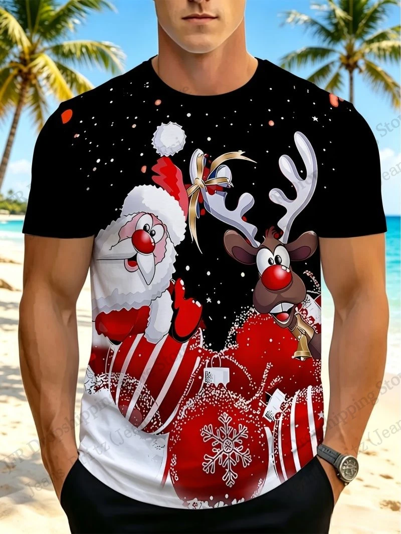 Christmas Santa Claus Reindeer 3d Print T-shirt Men Women Fashion Oversized Short Sleeve Tops Tees Men Clothing Vocation Holiday
