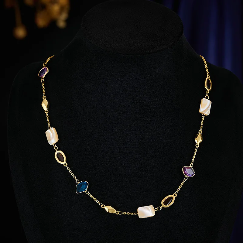 New Dopamine Colorful Crystal Necklace for Women Natural Mother-of-Pearl Light Luxury Vintage High-End Clavicle Chain Neck Chain