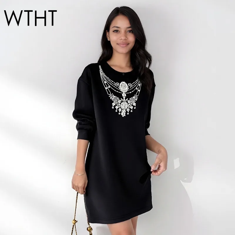 

WTHT Vintage Diamonds Chain Design O-neck Sweatshirt For Women 2025 Winter Fashion O-neck Long Sleeves Pullovers Female 1LS2755