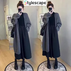 Deep Autumn and Winter Plus Size Women's Black Dress Lazy Style Long Cardigan Sweater Dress Two-piece Set New in Matching Sets