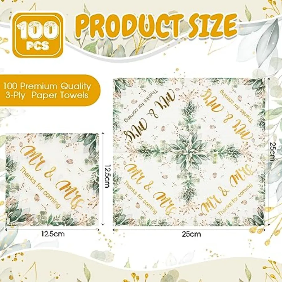 100 Pcs Wedding pkins for Reception 9. 84 x 9. 84 Ih Gold Cocktail Beverage Dessert Mr and Mrs pkins for Wedding Bridal Sr Eng