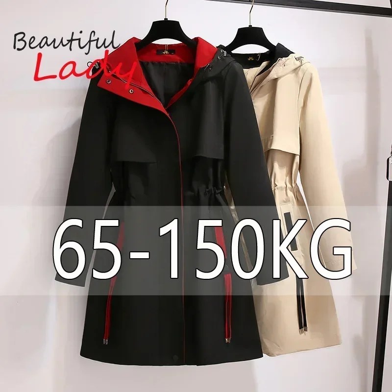 2XL-6XL Plus Size Windcoat Women Black Wind Coat for Womens Mid Length Coat Woman Gabardina Mujer Khaki Hooded Coats 4XL 5XL