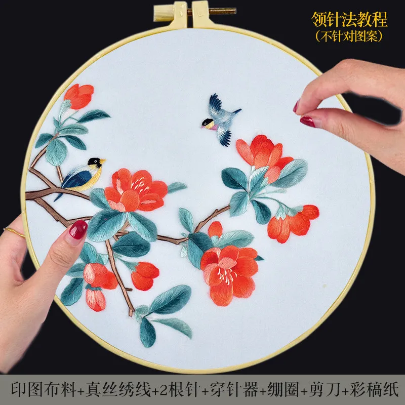 Blumen- und Vogel-Stickerei Starter-Set, Chinesischer Suzhou-Stil DIY Handarbeits-Set, Anfänger Selbstlern-Nähset mit Stickrahmen